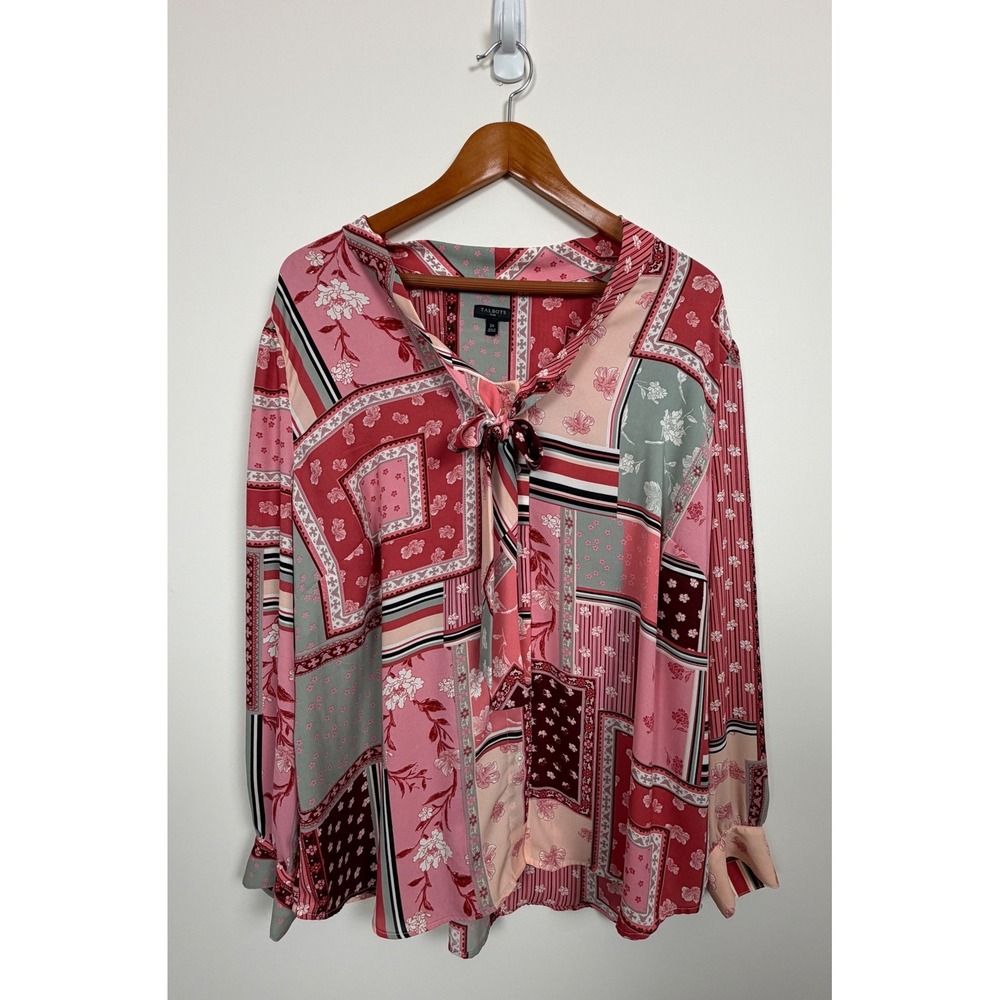 Talbots Plus Blouse Womens 2X Pink Patchwork Floral Tie Neck Button Up